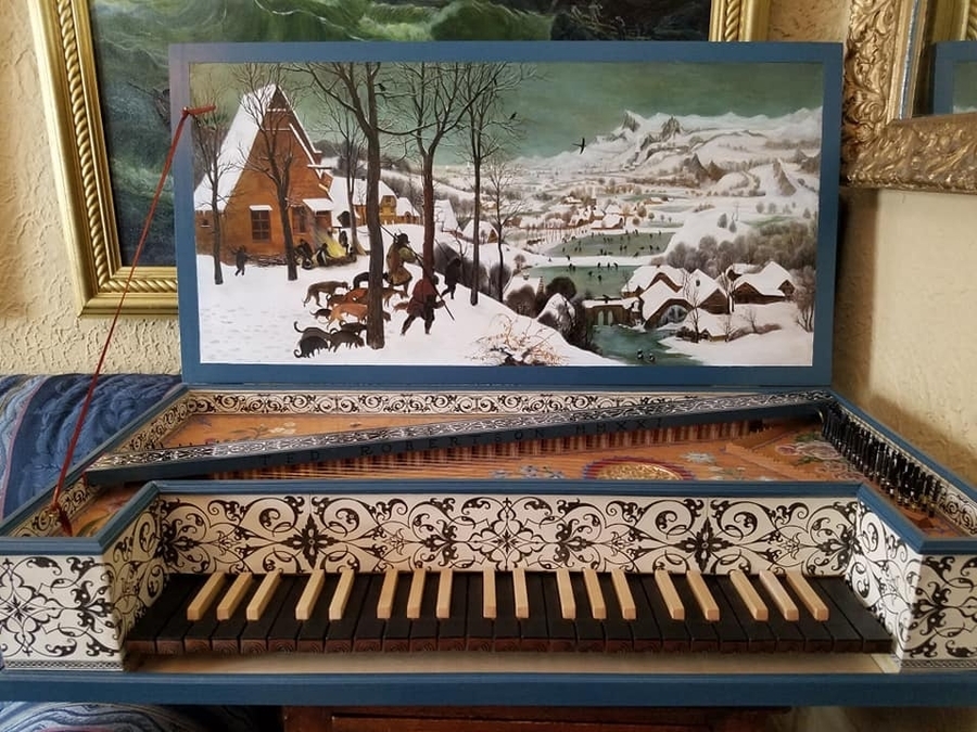 Octave Spinet after Hans Ruckers with Bruegel wintry scene the hunters return