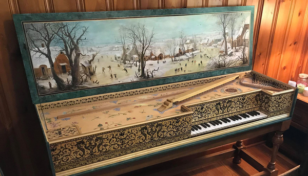 Muselar Virginal after Couchet 1680 with Bruegel Lid painting, arpichordium stop,  bone key naturals and walnut stained sharps.